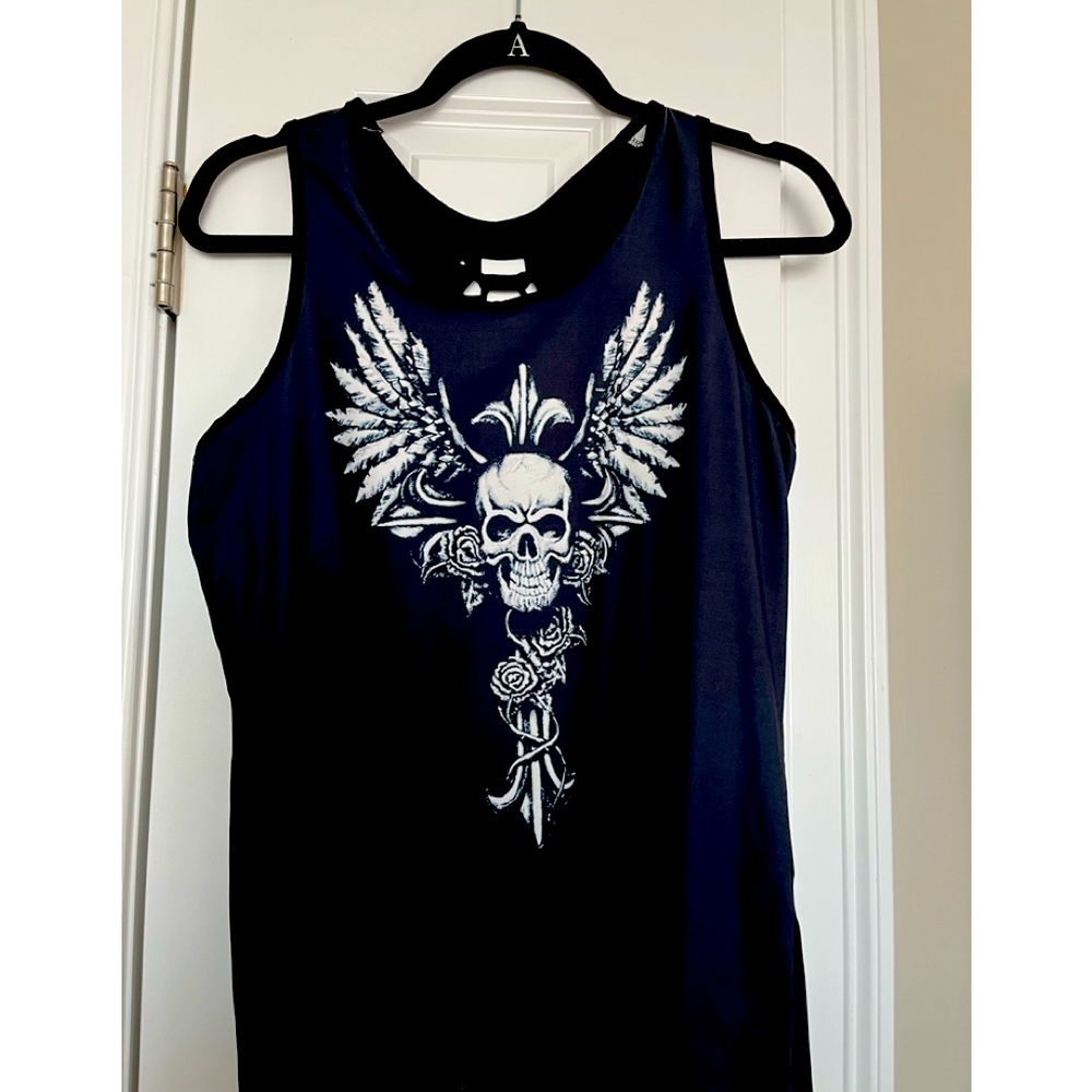 Size L black poly tank top with skull and cut out back .